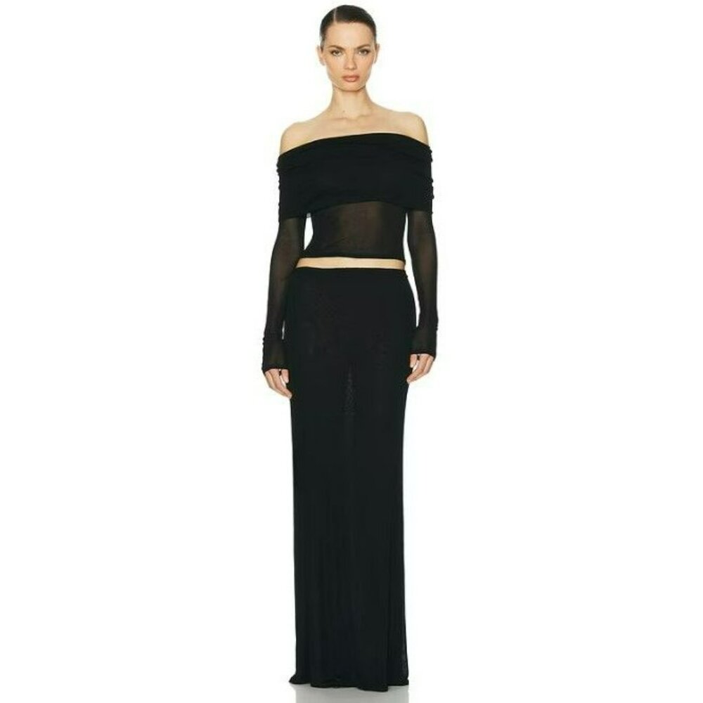 HELSA Revolve Black Sheer Knit Off The Shoulder Top Mesh Jersey Long Sleeve - Picture 2 of 15